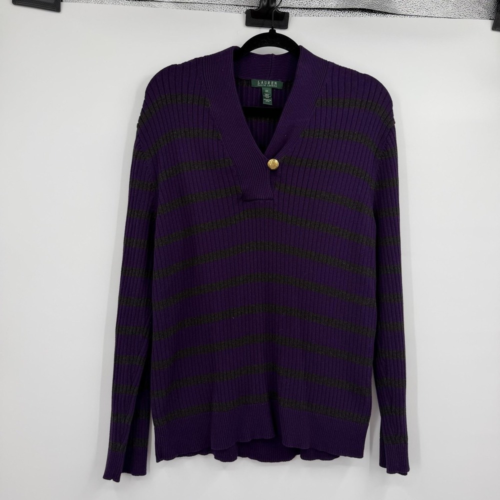 Lauren Ralph Lauren Sweater Womens 3X Purple Pullover V-Neck Striped Button